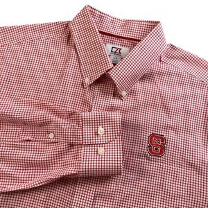 Cutter & Buck NC State Alumni Mens Sz Large Red Gingham Button Down Dress Shirt